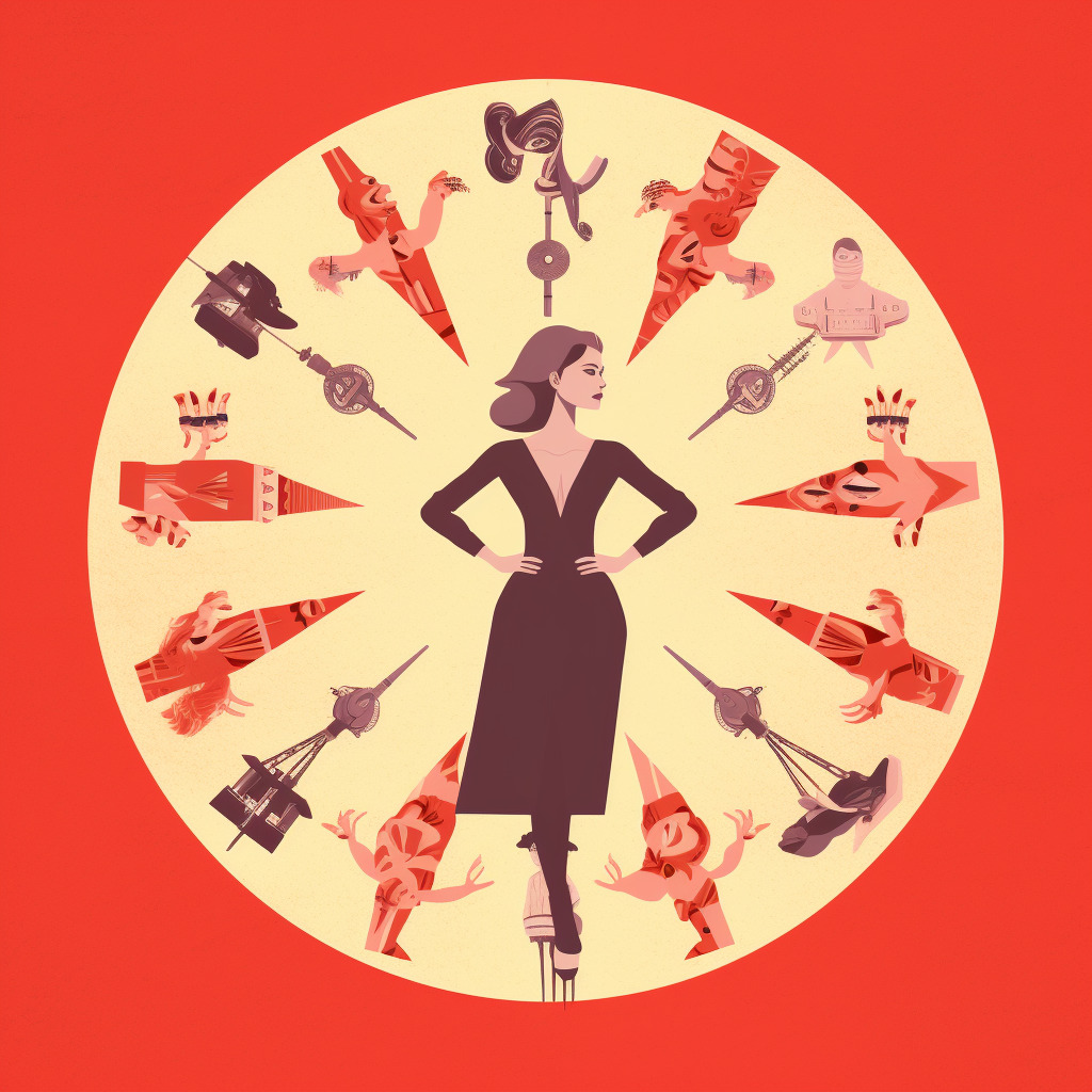 Create an illustration that encapsulates the theme "The Secrets to Successful Marriage Hunting: Self-understanding and a Positive Attitude." The illustration should visually narrate the process of self-understanding as the starting line of marriage hunting, highlighting the importance of clear self-recognition about one's desires and expectations from a life partner. It should depict a woman jotting down her values, lifestyle preferences, and future dreams as a symbolic representation of self-understanding.

The illustration should also represent the magic of a positive attitude attracting happiness, perhaps through the woman emitting a glow or 'aura' of joy and positivity that draws people toward her. This part of the illustration could include elements like self-care activities or pursuing hobbies that help maintain a positive attitude.

Finally, the illustration should convey the necessity of proactive action in carving one's path, such as the woman engaging in various activities related to marriage hunting – attending events, initiating conversations, and making her presence known. The key is to illustrate that the woman is not just waiting for fate but is actively shaping her future.