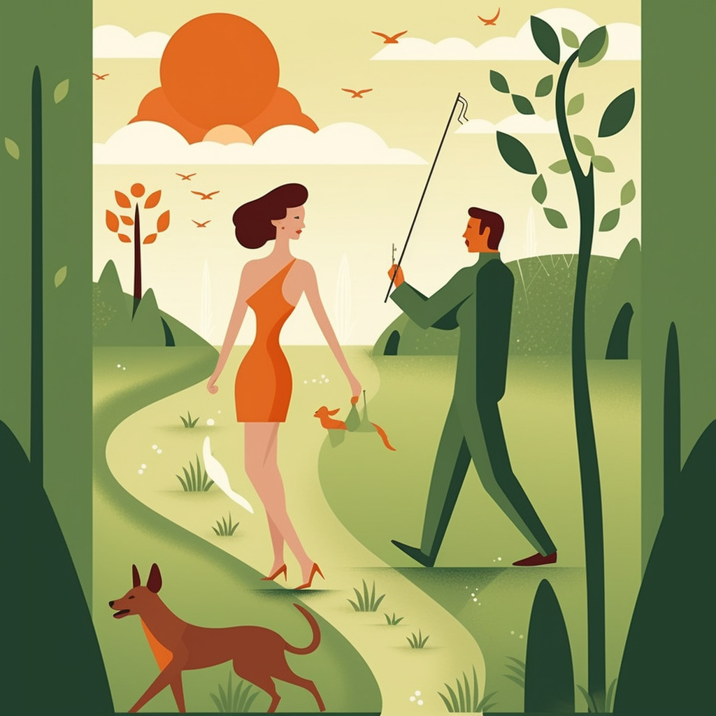 Create an illustration that represents the theme "The Difference between Marriage Hunting and Love Hunting: A Path to Serious Marriage." The first part of the illustration should depict a woman actively participating in her marriage hunting journey, not just waiting passively. She could be shown proposing a date location, expressing her opinions boldly, or communicating her desires and lifestyle clearly to a potential partner. The second part of the illustration should demonstrate the importance of maintaining a flexible mindset. It could illustrate a woman trying to understand a man's true nature beyond her initial impressions. It might depict her literally peeling back layers or looking through a magnifying glass, symbolizing her efforts to see beyond surface-level perceptions and avoid hasty judgements. Finally, the illustration should depict a couple engaged in a deep conversation, symbolizing the importance of communication and empathy in building a strong relationship. They could be shown discussing various topics, such as daily life, hobbies, or values, fostering deeper understanding and empathy between them.