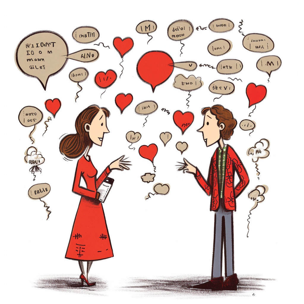 Create an illustration that represents the theme "The Role of Communication in Marriage Hunting". The first part of the illustration should depict a woman bravely voicing her questions and uncertainties. She could be shown in a conversation with a potential partner, with speech bubbles containing question marks to symbolize her asking for clarifications or more details about the other person's hobbies, values, or ambiguous points. The second part of the illustration should emphasize the importance of expressing feelings. This could be represented by a woman speaking, with a cloud of different expressive faces around her, symbolizing various emotions that she is sharing with her partner. Lastly, the third part of the illustration should depict the act of accepting and understanding the other person's opinions and feelings. This could be shown by a woman opening a door symbolizing her own heart, behind which are various symbolic representations of different opinions and feelings. It could be also useful to show her with a key, to symbolize her overcoming fear and unlocking deeper understanding and mutual respect.