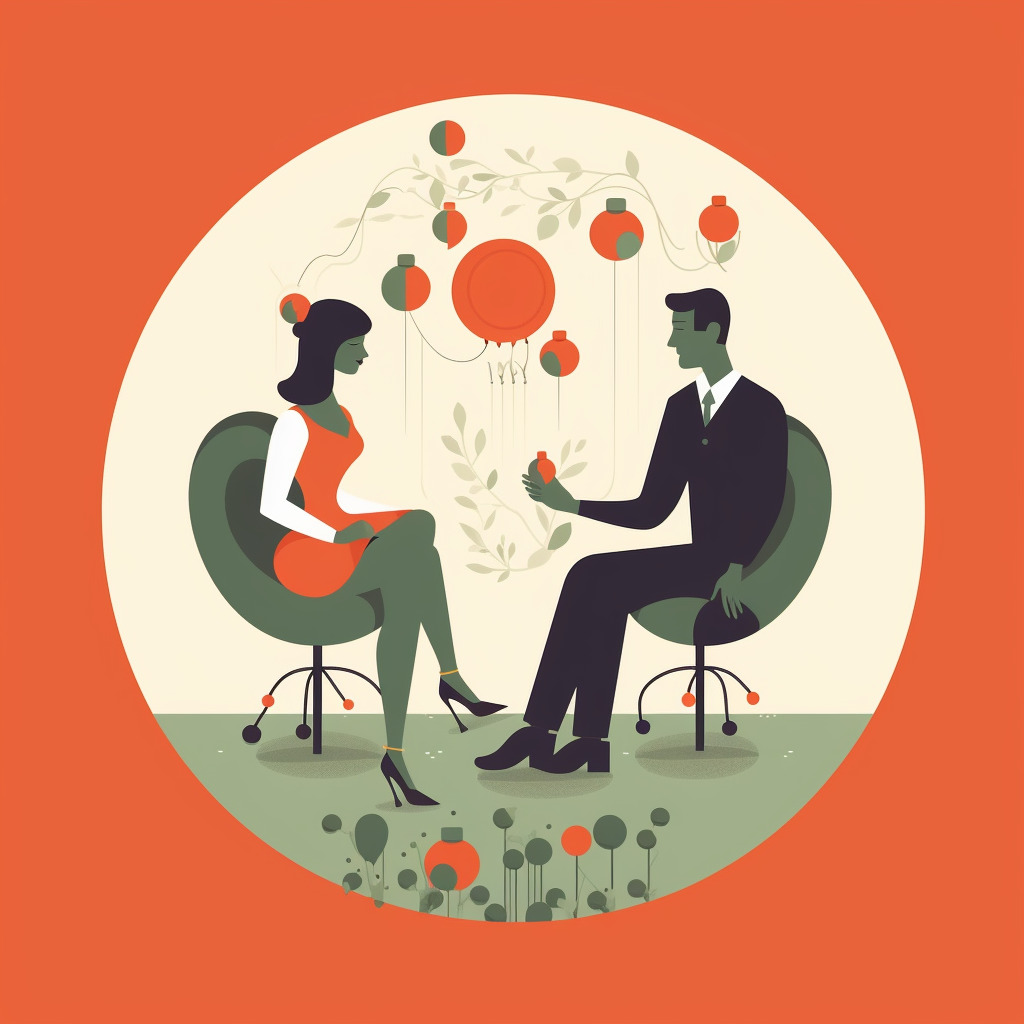 Create an illustration that represents the theme "Essential tips for marriage hunting: Accept the other person, don't try to change them". The first part of the illustration should depict a woman and a man sitting across from each other, engaged in a deep conversation. The man is attempting to juggle several balls, a symbol of his interests or traits, some of which he's not very good at. The woman is not trying to change this but is rather suggesting another activity, symbolized by a book or a movie ticket in her hand. This would represent acceptance of the partner's traits. The second part of the illustration should show the same woman, this time holding a heart in her hands and with a speech bubble emerging from her mouth. Inside the speech bubble, instead of words, there are various symbols like a musical note, a paintbrush, a small house, etc., representing her sharing her feelings, interests, and values honestly with her partner. The final part of the illustration should depict the couple standing together, holding hands and looking at a hill in front of them. The hill should be dotted with obstacles, symbolizing the challenges they might face. The couple has a shared tool kit, indicating that they are prepared to face these challenges together, representing the importance of growing and overcoming problems together in a relationship.