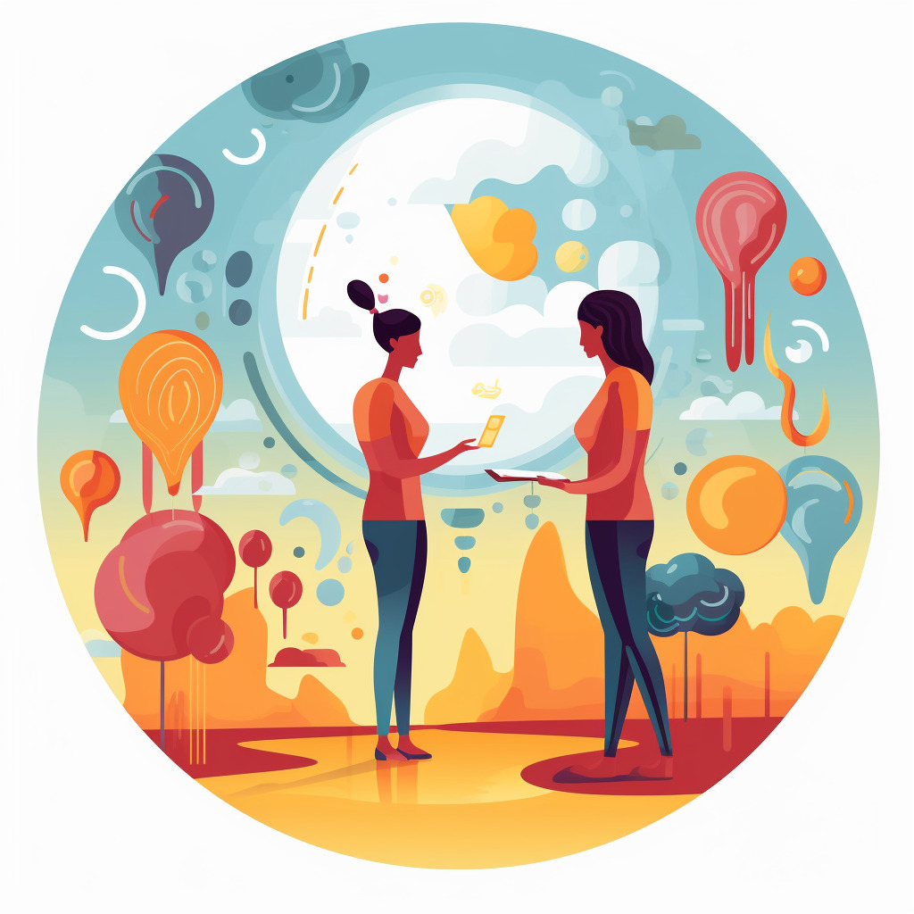 Create an illustration that represents the theme "Pitfalls of Marriage Hunting: Focus on Self-Growth Rather Than Finding a Partner". The first part of the illustration should depict a woman standing in front of a mirror, with an image of her ideal partner painted in her mind - represented by a floating thought bubble filled with a superhuman figure who's always smiling, cooking, and ready to travel. This signifies the pitfalls of overly idealizing a partner. The second part of the illustration should show the same woman, now focusing on her reflection in the mirror. Inside the reflection, you can see symbols of growth and development: books for learning, weights for strength, a small plant symbolizing personal growth. This represents the focus on self-growth rather than on finding an ideal partner. The third part of the illustration should depict the woman engaged in a conversation with a man, symbolizing an honest communication. Both are shown with speech bubbles containing heart symbols, indicating that they're sharing their feelings and respecting each other's emotions. This represents building good relationships through heartfelt communication.